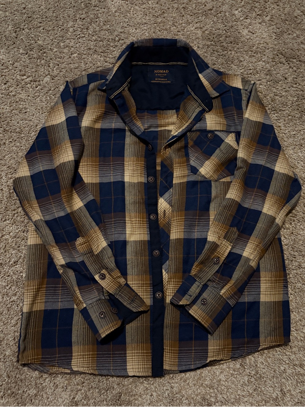 Nomad boys Blue and Tan Plaid Button-Up Shirt